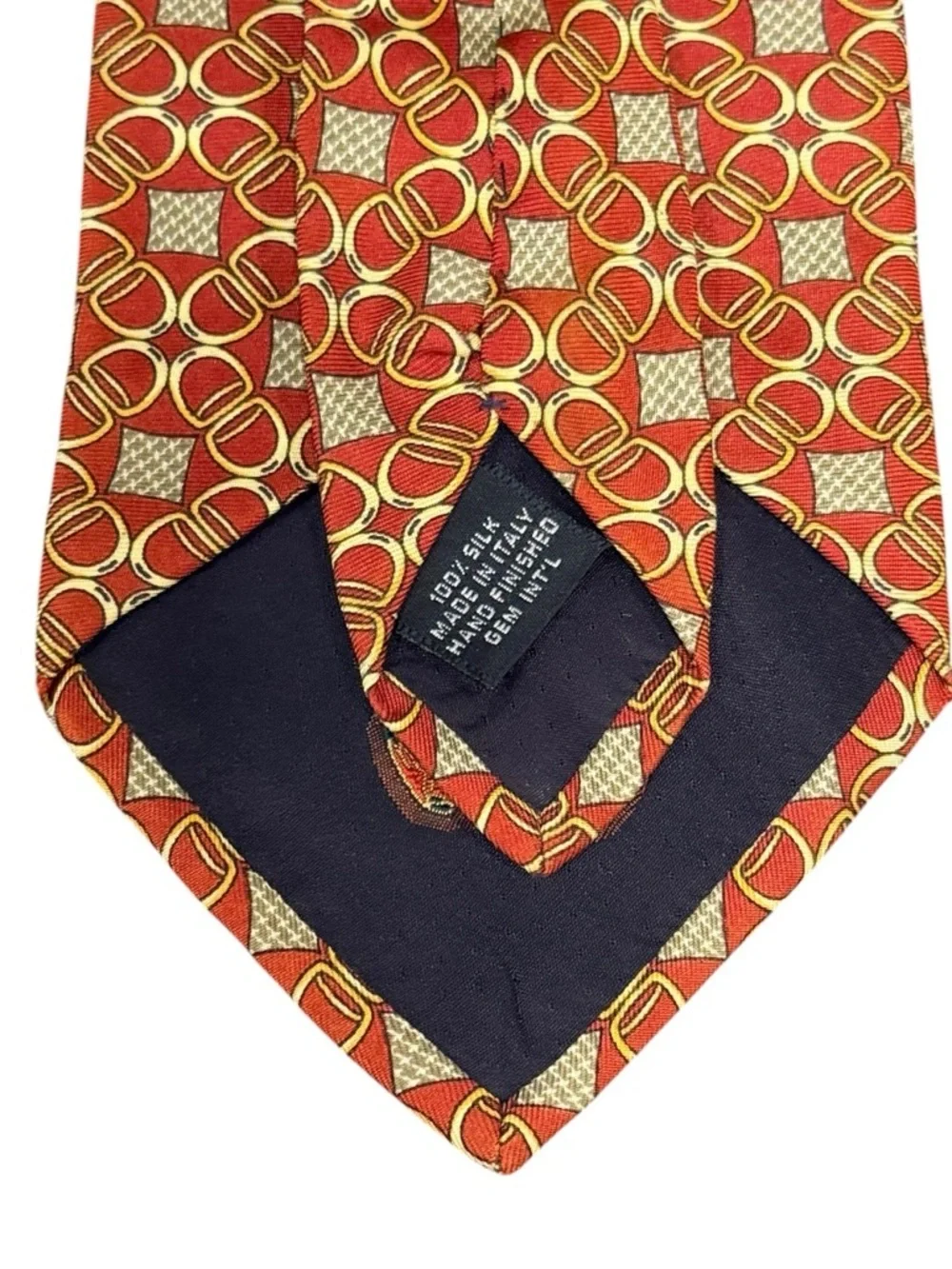 Paolo Gucci Vintage Silk Tie Rust Gold Ring Link Geometric Italy Crest Lining